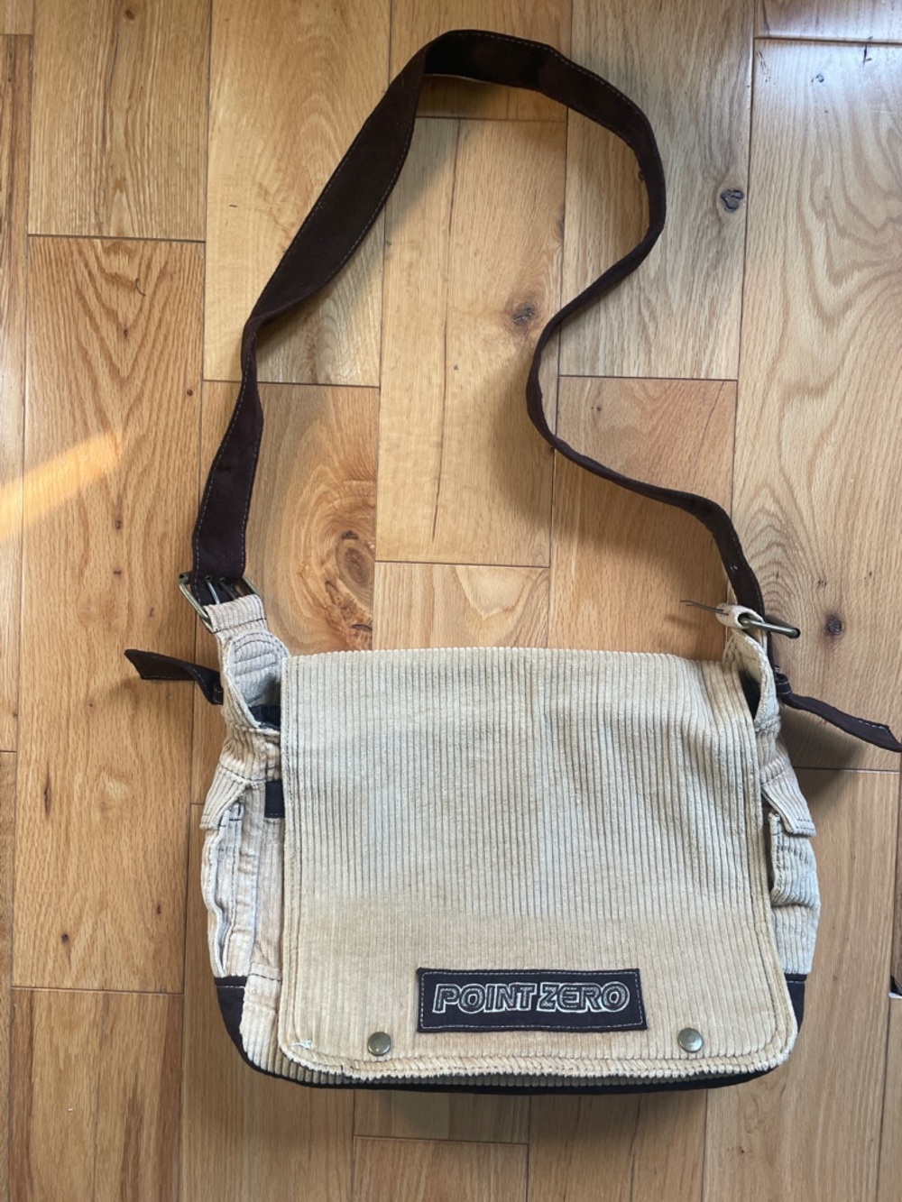 Point Zero Roxy Beige Corduroy Messenger Bag with Dark Brown Strap